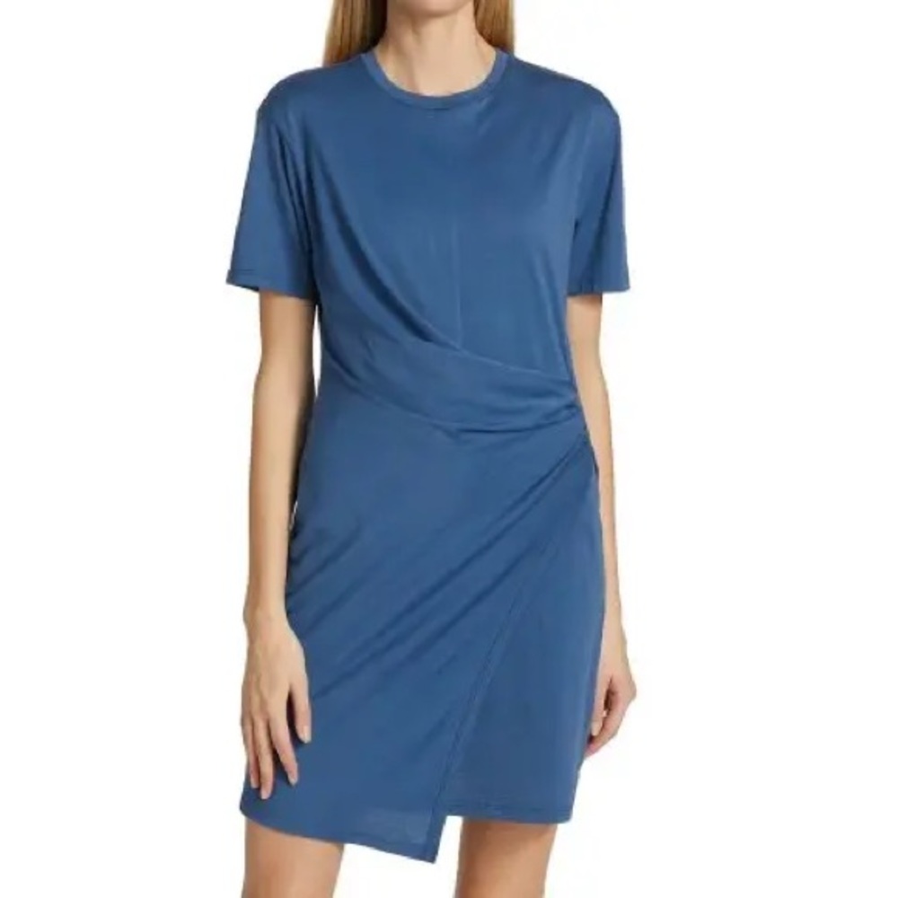 NWOT Theory Womens Blue Casual Mini T-Shirt Dress With Side Ruching Size Medium - Picture 2 of 14